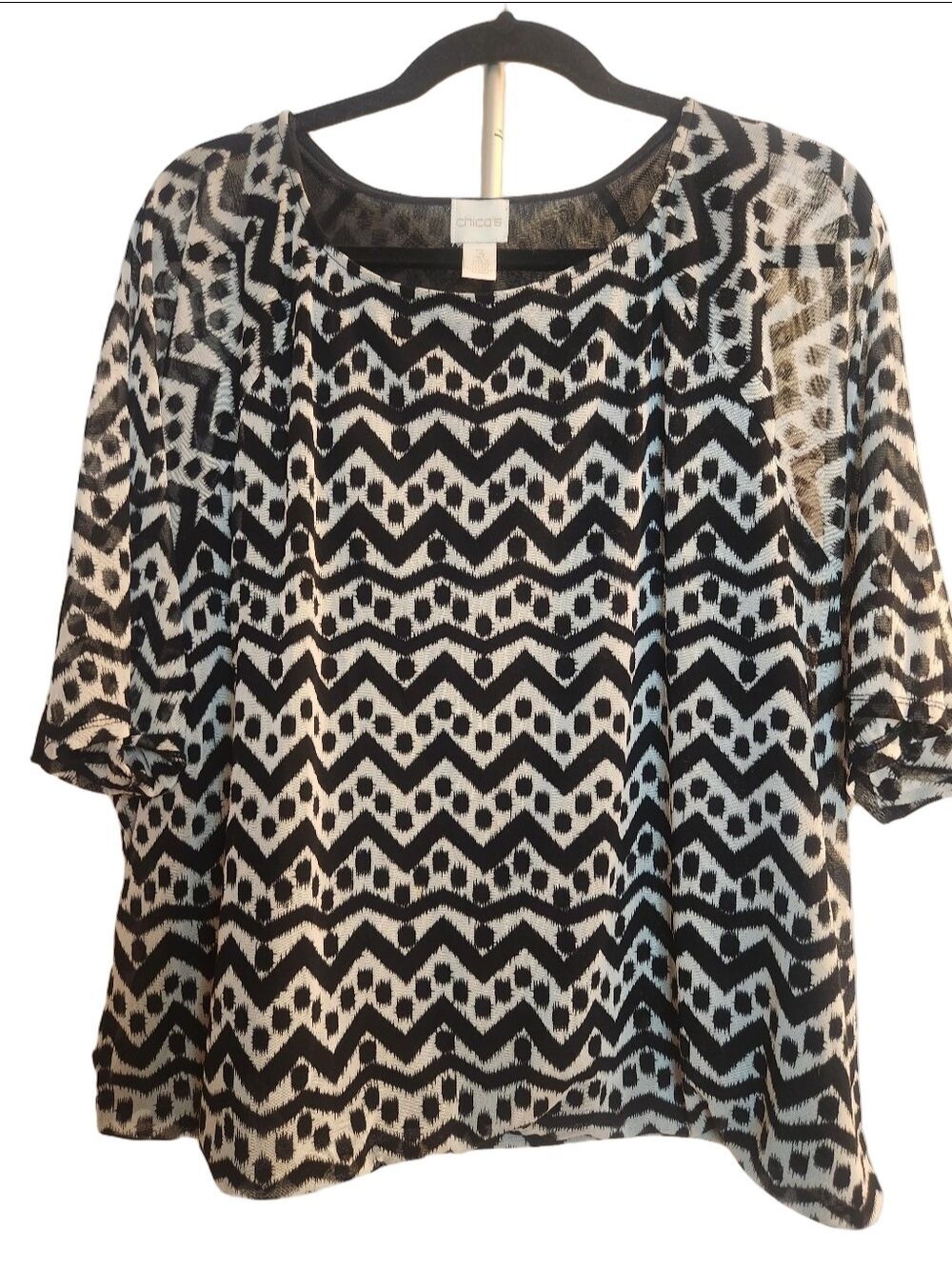 Chico's Black White Geometric Sheer Layered  Chevron Top Blouse Size 3 (XL/16)